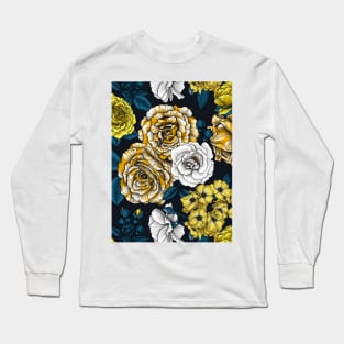 Yellow, white and bi-color roses with blue leaves on black Long Sleeve T-Shirt